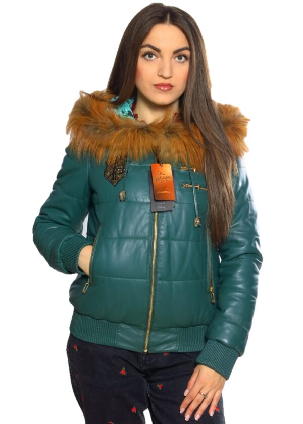 Женский кожаный пуховик UL2144 green dark
