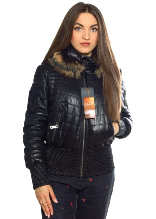 Женский кожаный пуховик UL9264 black diagonal
